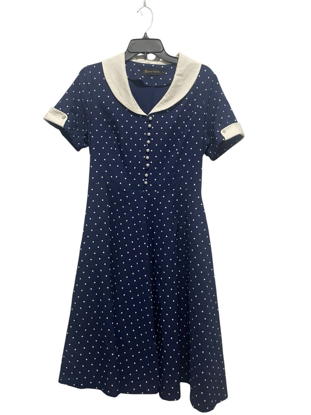 Gown Town Blue Polka Dot Short Sleeve Fit Flare Dress Rockabilly 50s Pinup L